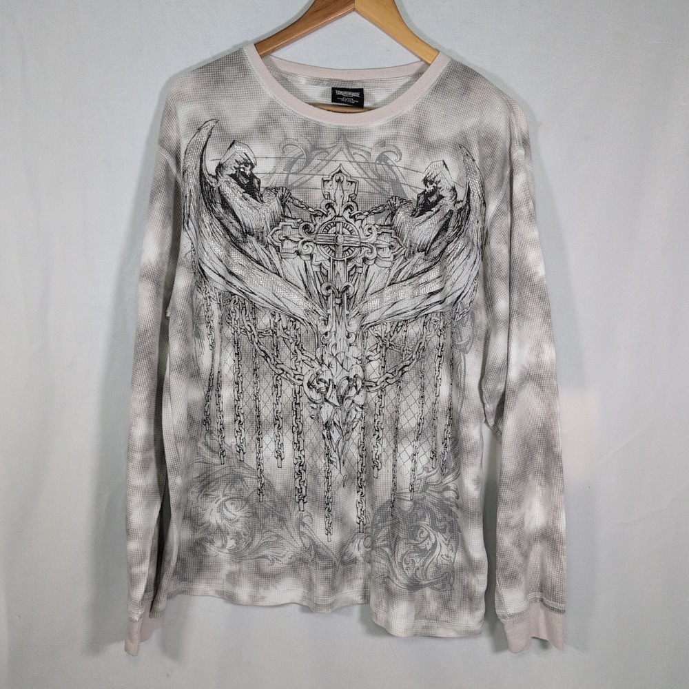 Vintage MMA Elite Shirt Mens XL Tie Dye Thermal Waffle Knit Gothic Skull Cross
